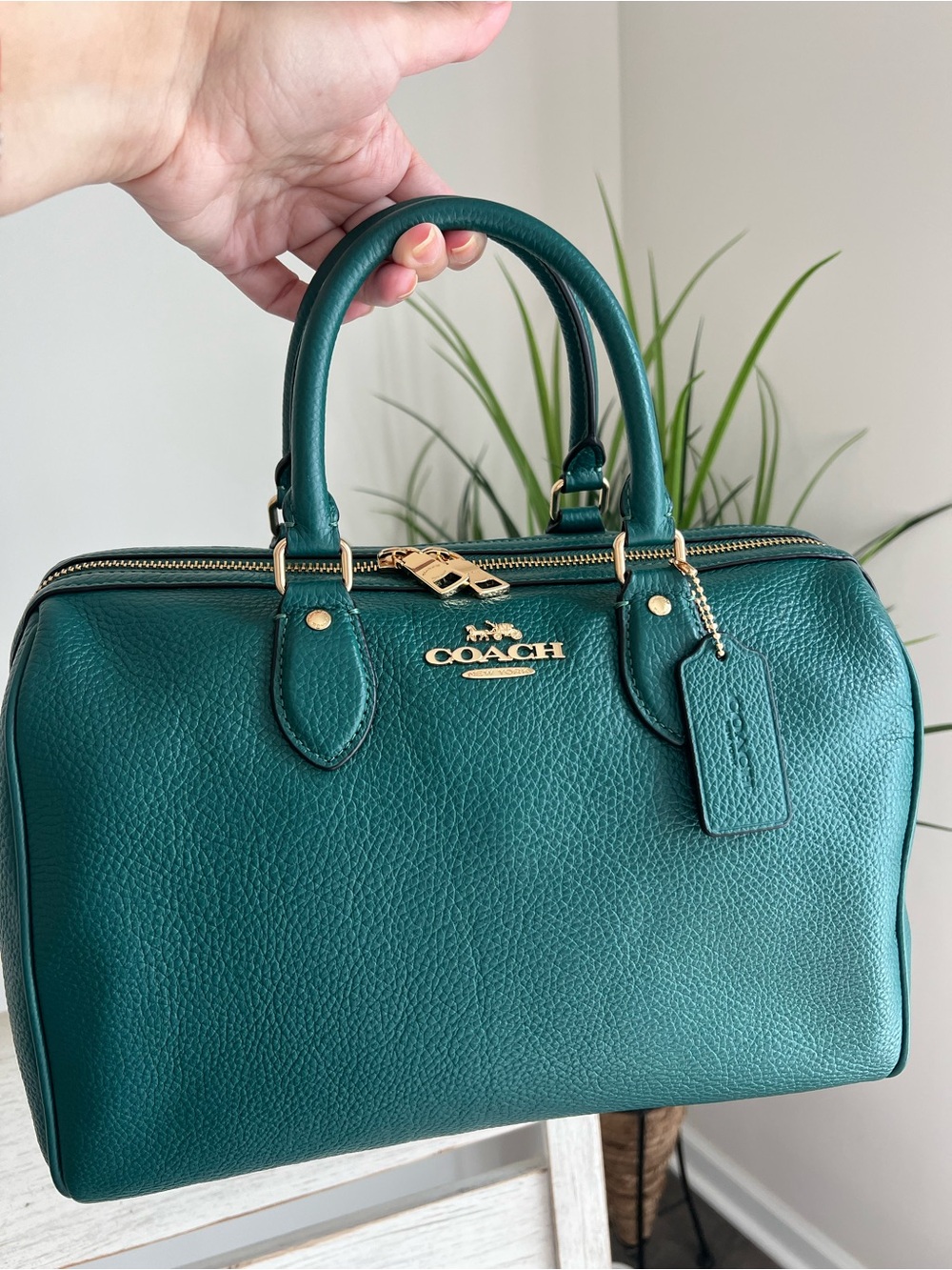 COACH Rowan Large Satchel Bag Pebble Leather CES11 Gold/ Emerald NWT